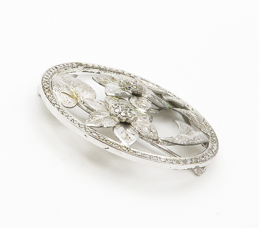 925 Sterling Silver  Vintage Sparkling Flowers Motif Round Brooch Pin  BP5931