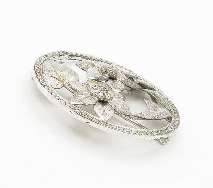925 Sterling Silver  Vintage Sparkling Flowers Motif Round Brooch Pin  BP5931