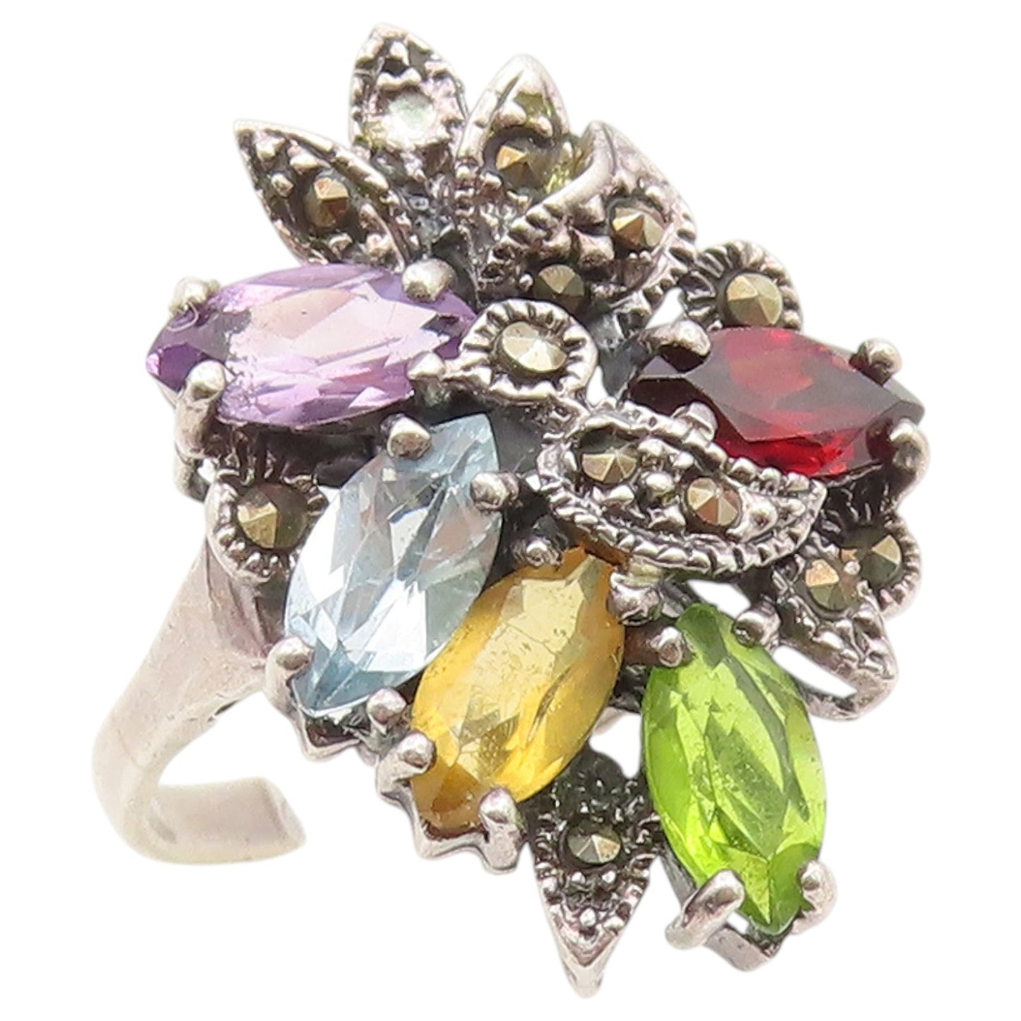 925 Sterling Silver Vintage Ring Multi Gemstone Floral Cluster Band Sz 8 RG36483