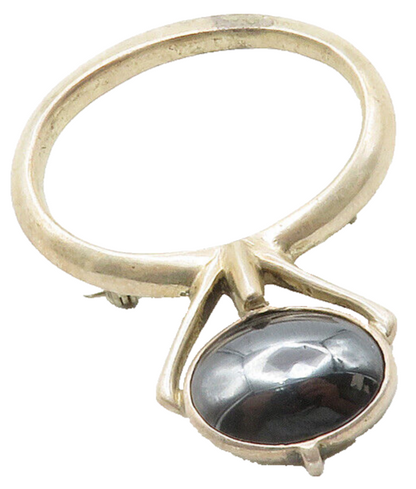 MEXICO 925 Silver  Vintage Cabochon Cut Hematite Open Oval Brooch Pin  BP4998