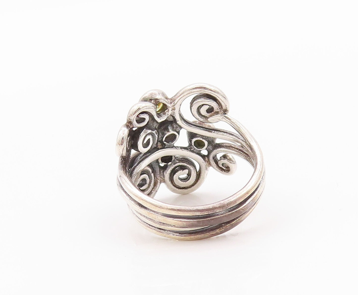 925 Sterling Silver Vintage Ring CZ Peridot Spirals Cutout  Sz 6.5  RG32161