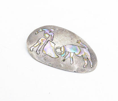 MEXICO 925 Sterling Silver  Vintage Abalone Inlay Bull Rider Brooch Pin BP1409