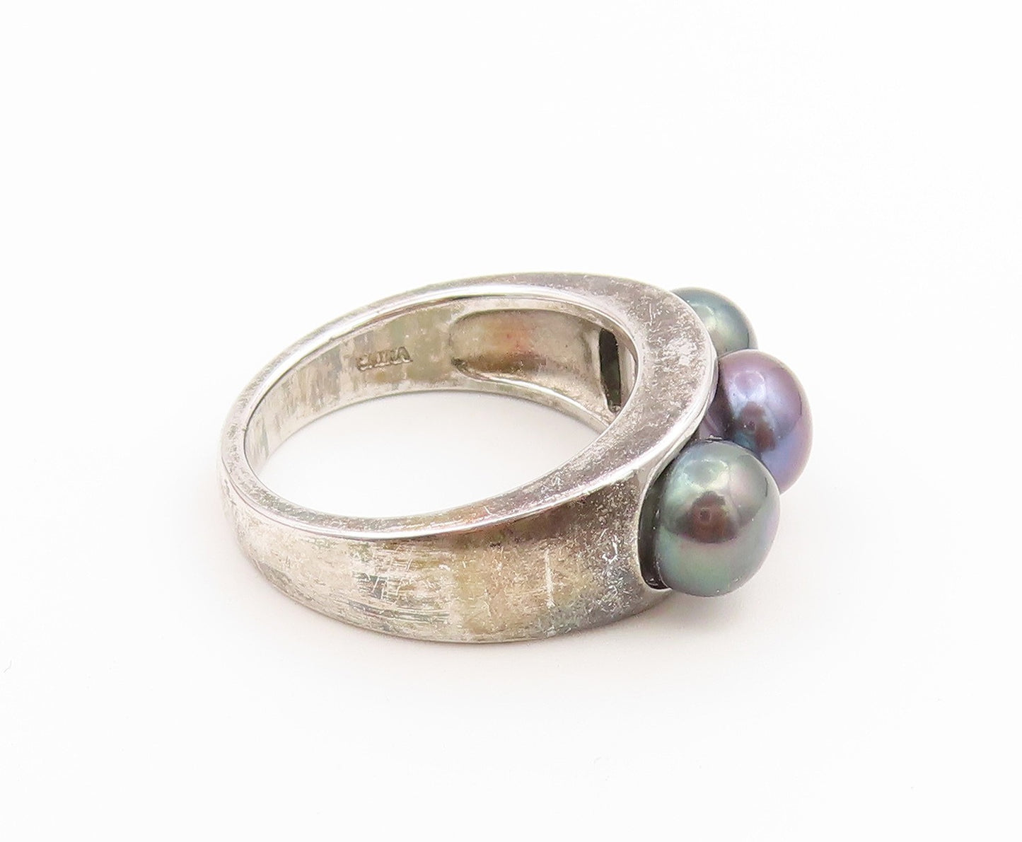 925 Sterling Silver Vintage Ring Modernist Triple Pearl Band  Sz 8  RG36940