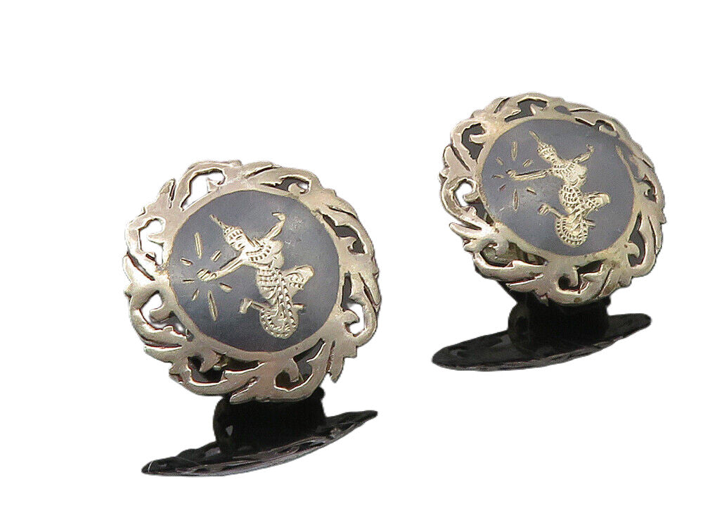 SIAM 925 Silver  Vintage Enamel Niello Dancer Non Pierce Earrings  EG5339
