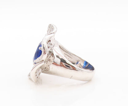 925 Sterling Silver Vintage Ring Cutout Sapphire & CZ Flower  Sz 7.5  RG30669