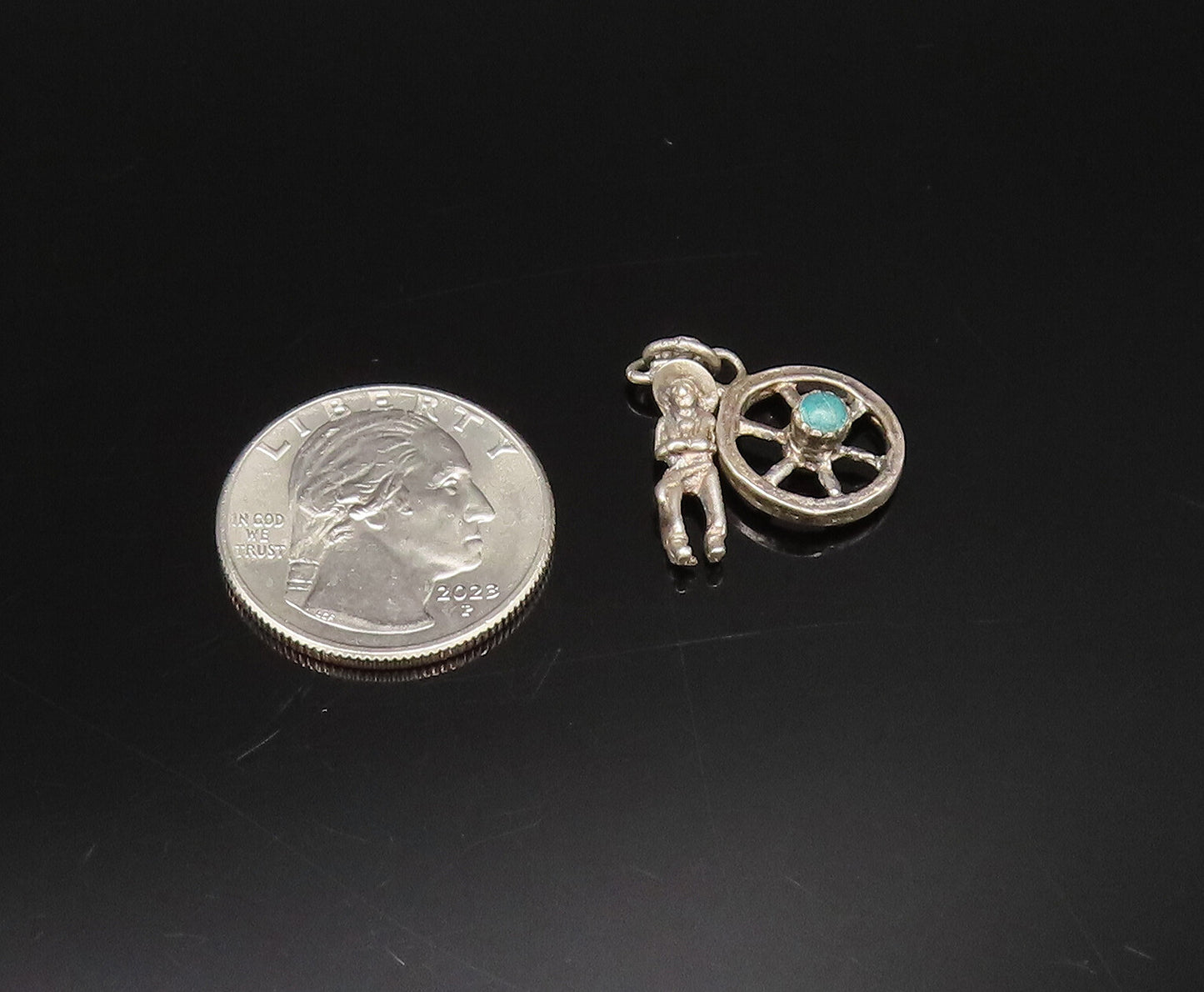 925 Sterling Silver  Vintage Cowboy & Turquoise Wheel Charm Pendant  PT21606
