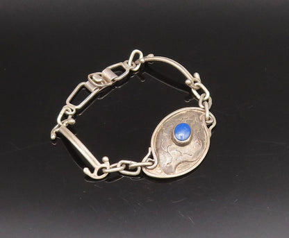 925 Silver  Vintage Etched Lines Lapis Lazuli Dome Chain Bracelet  BT9765