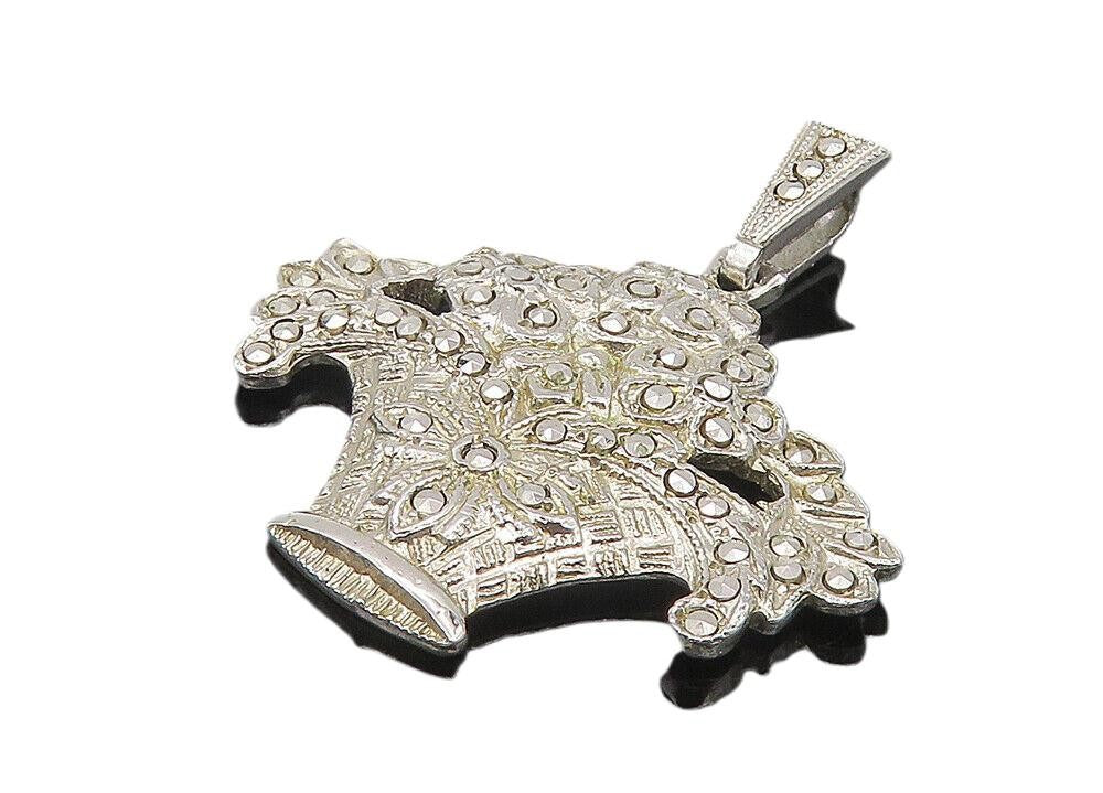 925 Sterling Silver  Vintage Sparkling Flower Basket Motif Pendant  PT9085