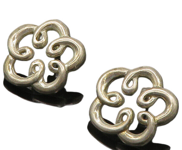 925 Sterling Silver & 14K GOLD  Vintage Open Flower Motif Drop Earrings EG9897