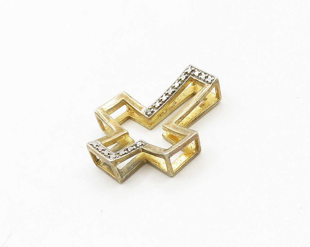 925 Silver  Vintage Genuine Diamond Two Tone Religious Cross Pendant  PT15145