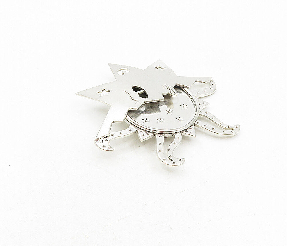 MEXICO 925 Sterling Silver  Vintage Shiny Sun Face & Stars Brooch Pin  BP3375