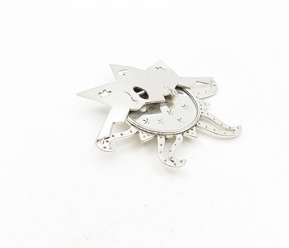 MEXICO 925 Sterling Silver  Vintage Shiny Sun Face & Stars Brooch Pin  BP3375