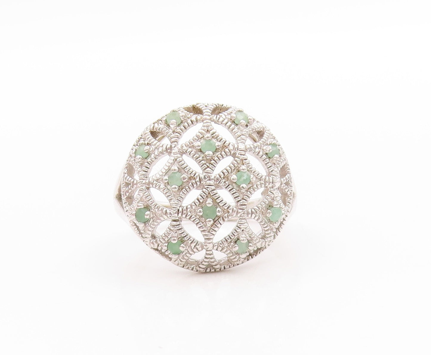 925 Sterling Silver Vintage Ring Emerald Floral Cut Out Split Band  Sz 7 RG33580
