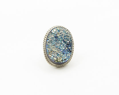 CYNTHIA BEGAY NAVAJO 925 Sterling Silver Druzy Stone Cocktail Ring Sz 9  RG17856
