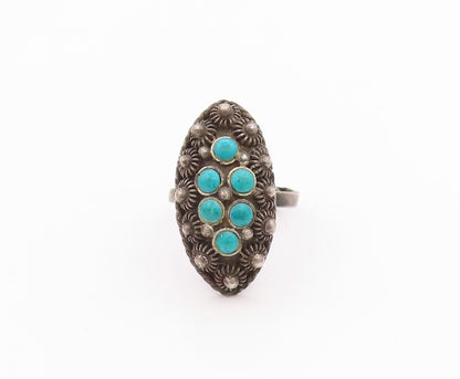 925 Sterling Silver Vintage Ring Antique Turquoise Wired Flowers  Sz 6  RG33317