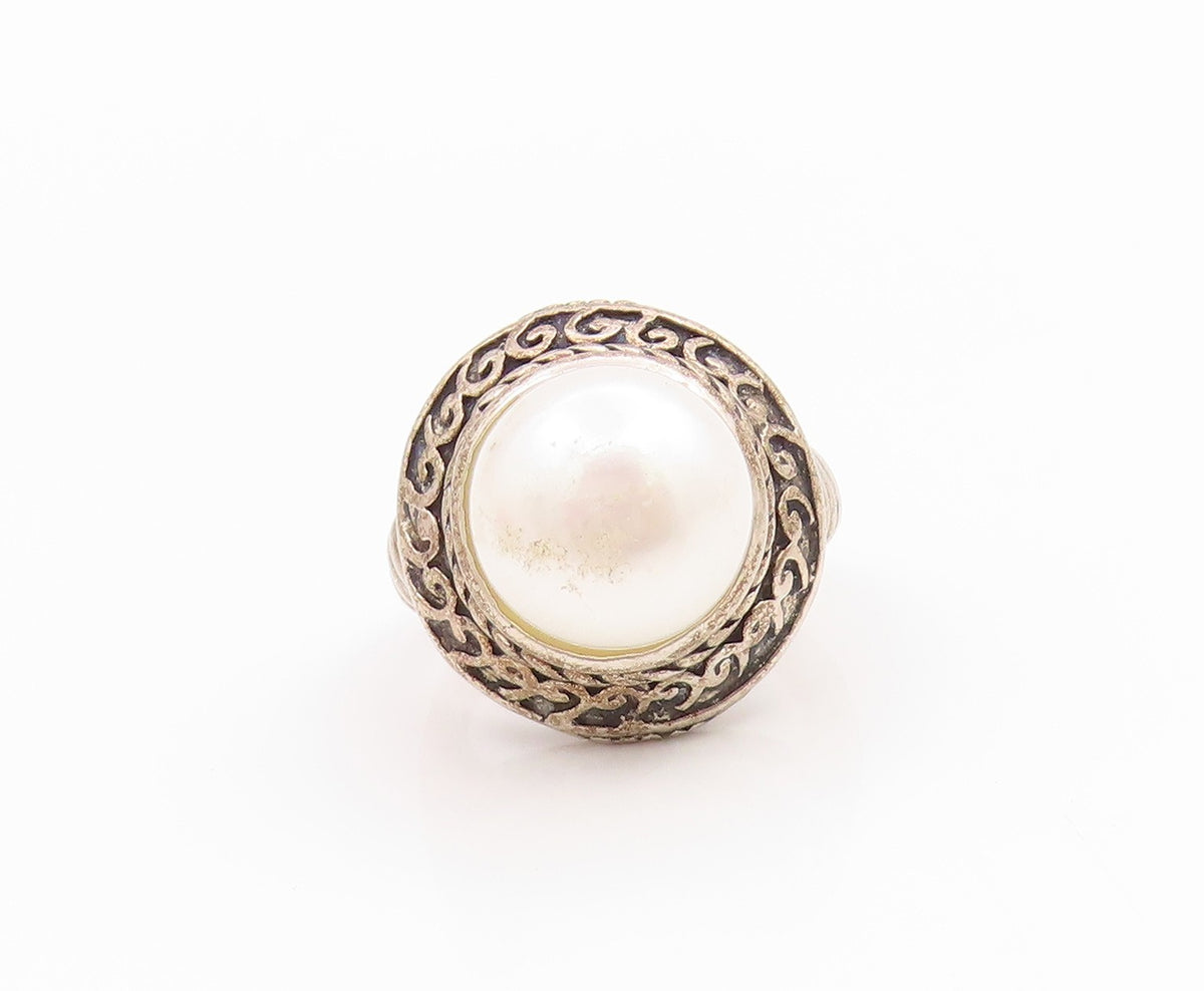 925 Sterling Silver Vintage Ring Classic Pearl Statement Band  Sz 6  RG35859