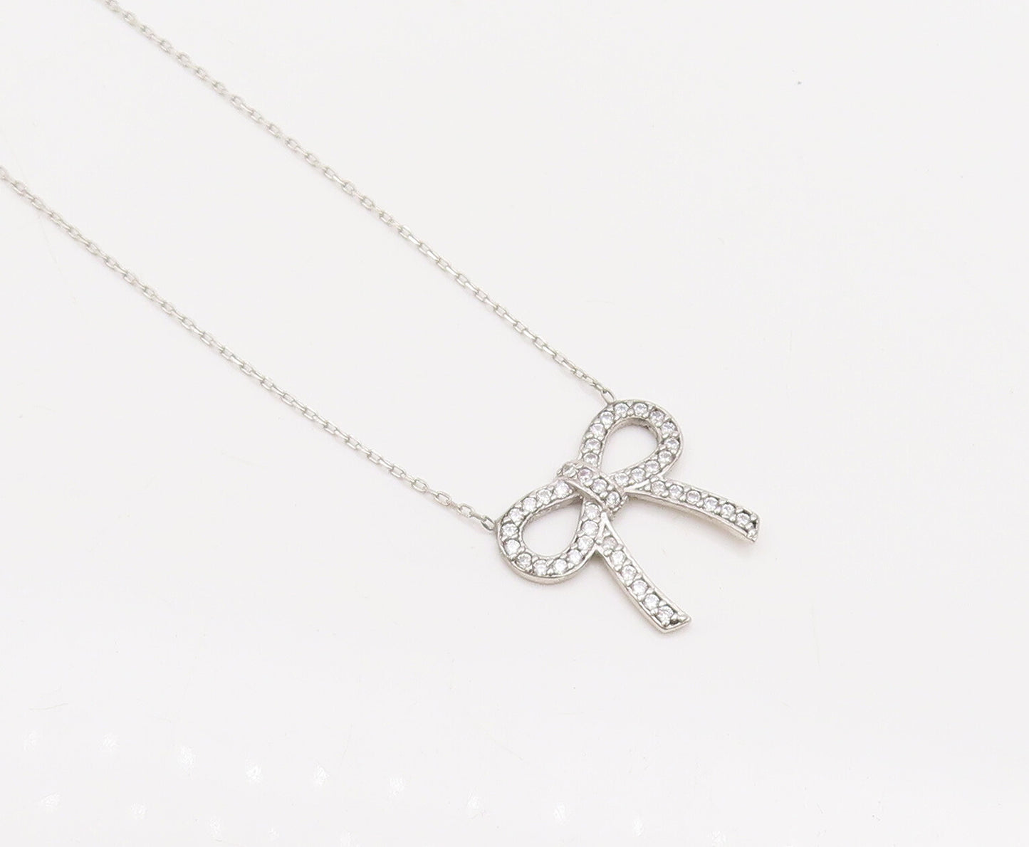 925 Sterling Silver  Vintage Minimalist CZ Bow Thin Chain Necklace  NE4086