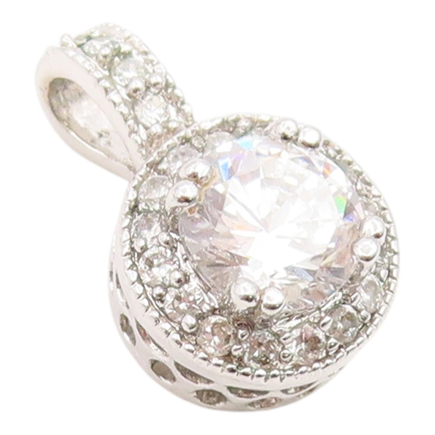 925 Sterling Silver Vintage Pendant Elegant Round Cut CZ Halo Charm  PT26179