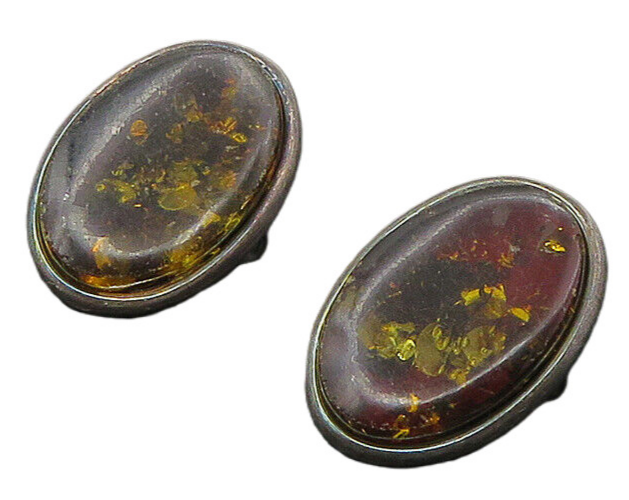 925 Sterling Silver   Vintage Amber Dark Tone Oval Drop Earrings  EG11288