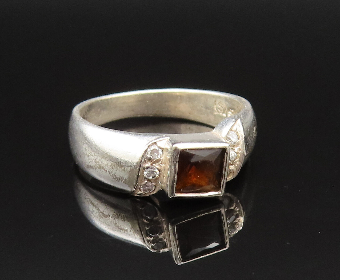 925 Silver  Vintage Inlaid Smoky Quartz & Topaz Swirl Ring Sz 9  RG25517