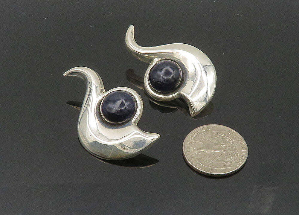 MEXICO 925 Silver  Vintage Black Onyx Shiny Non Pierce Earrings  EG10168