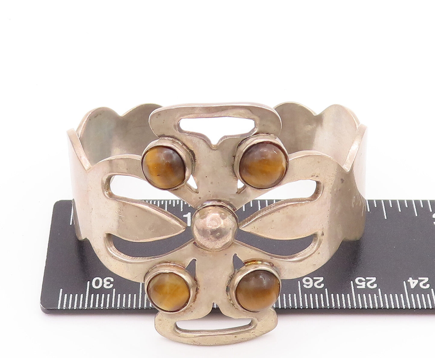 925 Sterling Silver Vintage Bracelet MEXICO Tiger's Eye Solid Floral Cut BT10184