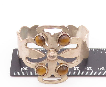 925 Sterling Silver Vintage Bracelet MEXICO Tiger's Eye Solid Floral Cut BT10184