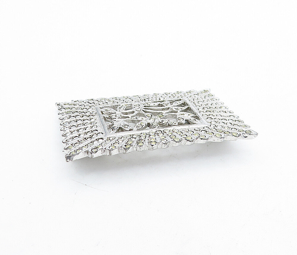 925 Sterling Silver  Vintage Sparkling Bordered Floral Brooch Pin  BP1421