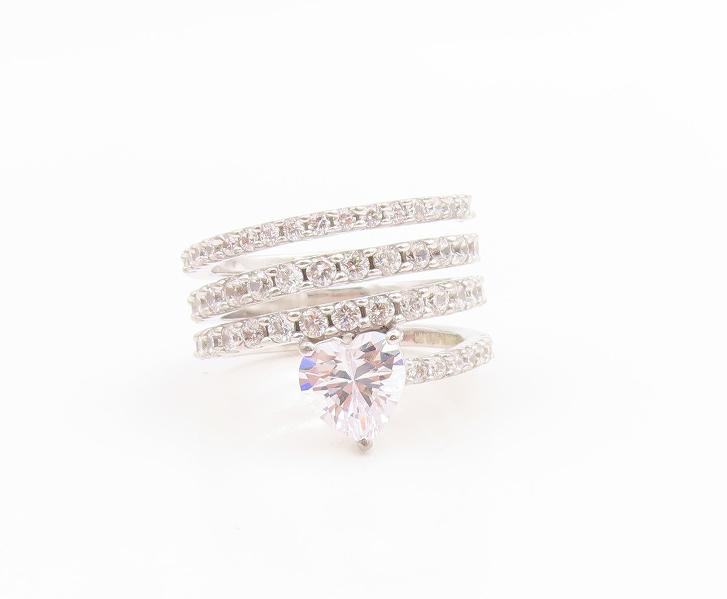 925 Sterling Silver Vintage Ring CZ Spiral Coil Love Heart Band  Sz 7  RG35930