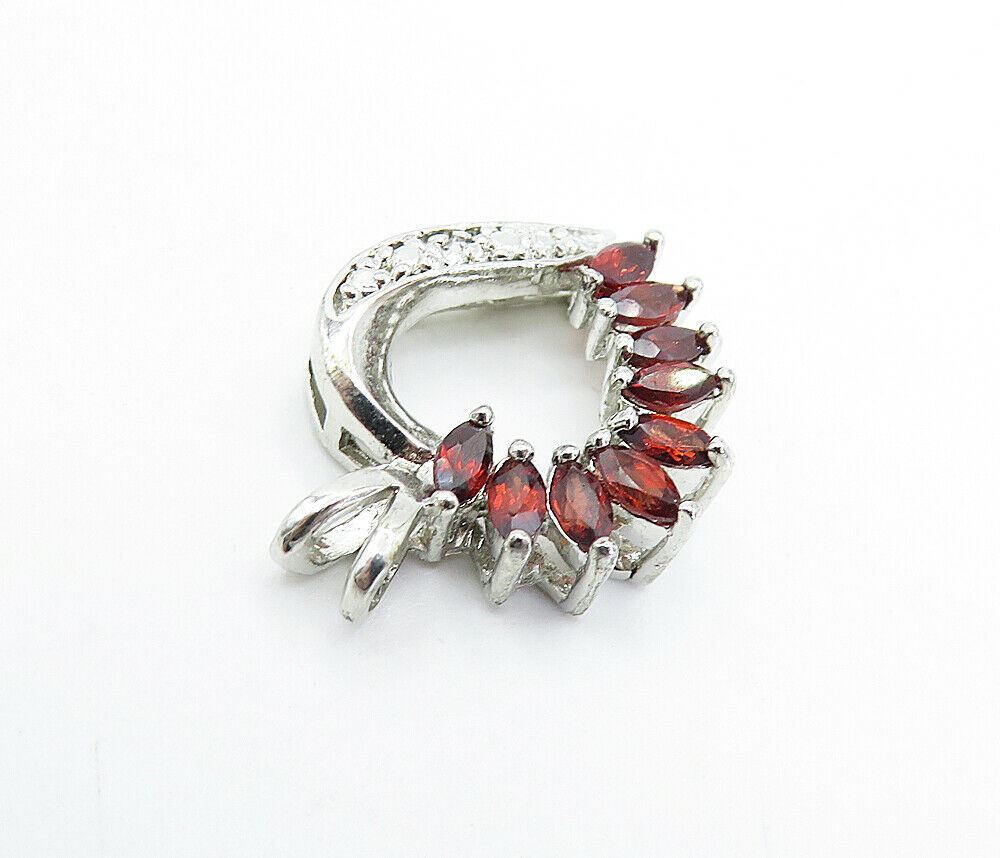 925 Sterling Silver  Vintage Red Topaz & Genuine Diamond Heart Pendant  PT5039