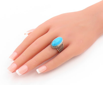 925 Sterling Silver Vintage Ring Cabochon Turquoise Statement Band Sz 8 RG34740