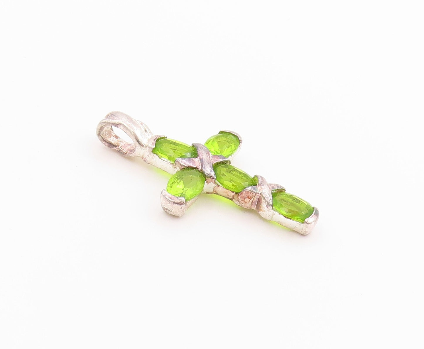 925 Sterling Silver Vintage Pendant Green Peridot Religious Cross Charm  PT24864