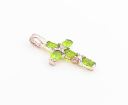 925 Sterling Silver Vintage Pendant Green Peridot Religious Cross Charm  PT24864