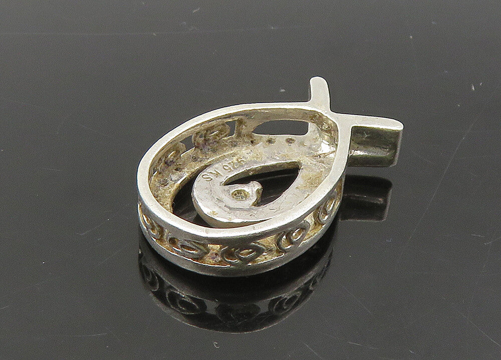 925 Sterling Silver  Vintage Genuine Diamonds Shiny Ribbon Pendant  PT17914