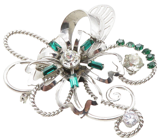 CARL ART 925 Silver  Vintage Cubic Zirconia & Green Topaz Brooch Pin  BP3909