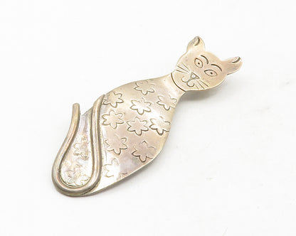 MEXICO 925 Sterling Silver  Vintage Flower Etched Cat Motif Brooch Pin  BP4640