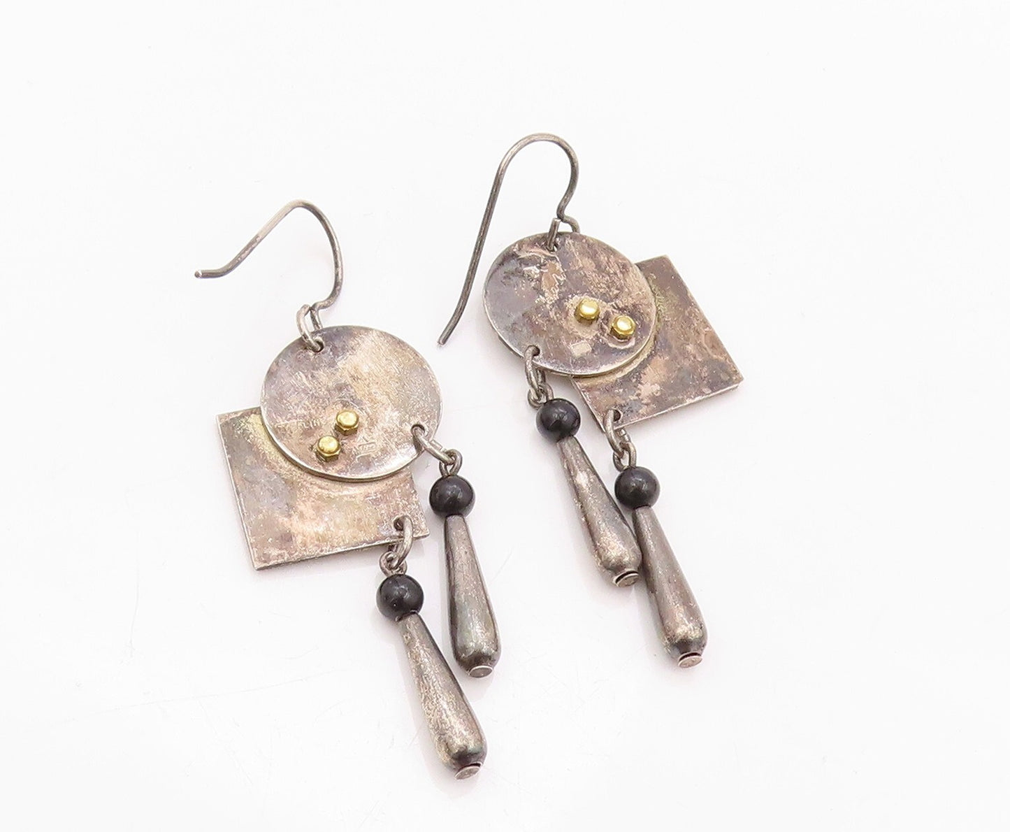 925 Sterling Silver Vintage Earrings Modernist Dark Tone Square & Circle EG13451