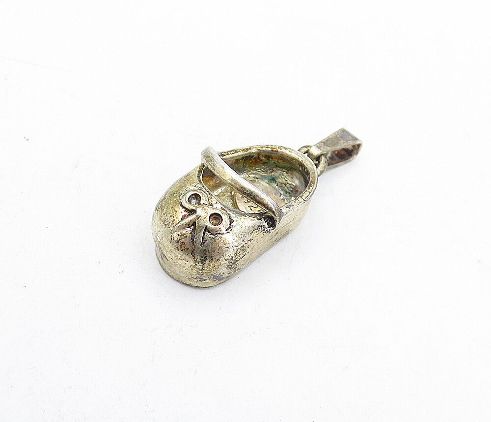 925 Sterling Silver  Vintage Petite Dark Tone Ribbon Shoe Motif Pendant PT3935