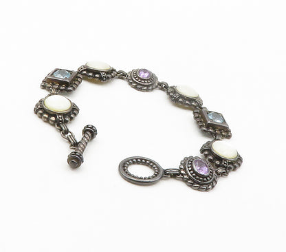 925 Silver  Vintage Mother Of Pearl Amethyst & Topaz Chain Bracelet  BT5975