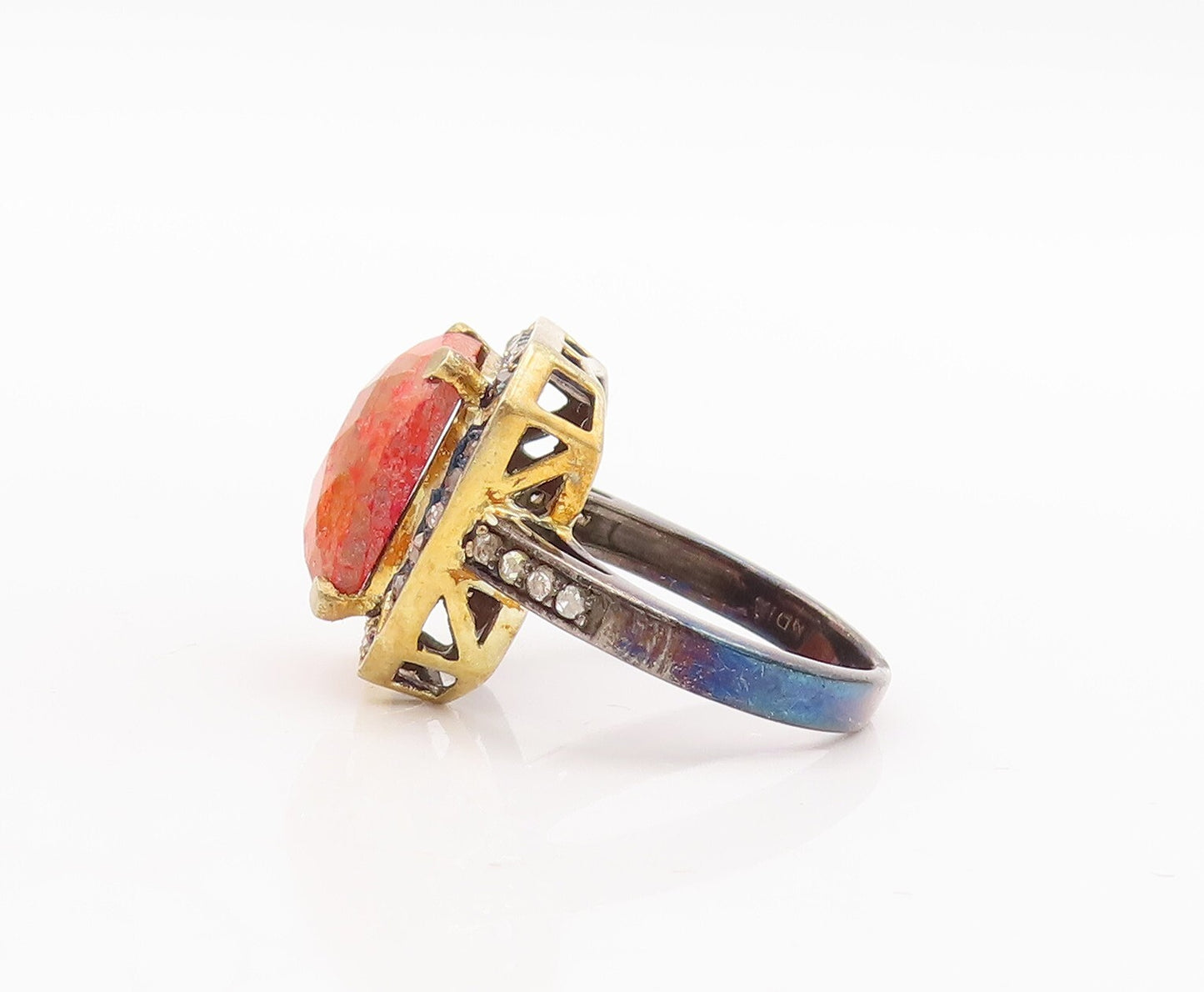 925 Sterling Silver Vintage Ring Orange Gemstone Halo Diamonds  Sz 7  RG29216