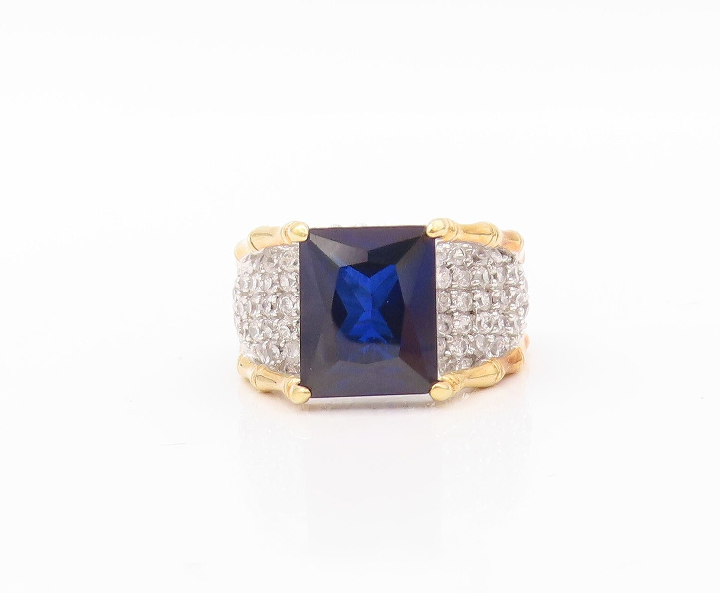 925 Sterling Silver Vintage Ring Gold Plated Designer Sapphire CZ  Sz 7  RG30196