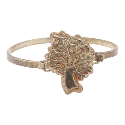 925 Sterling Silver Vintage Carved Tree Of Life Hooked Bangle Bracelet BT9654