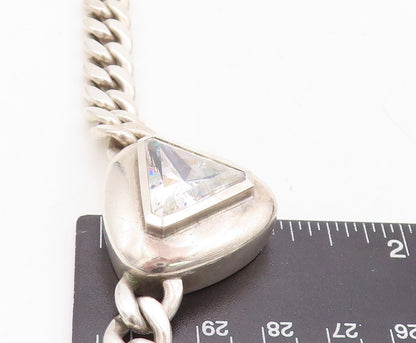 925 Sterling Silver Vintage Necklace Heavy Curb Link Triangle Cut CZ  NE4382