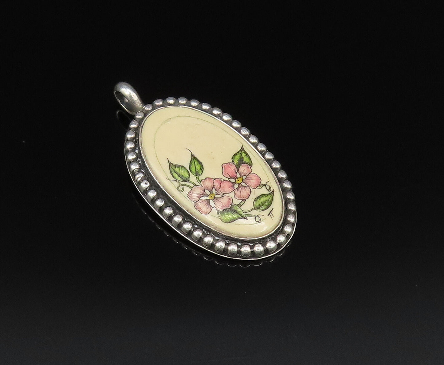 NAVAJO 925 Silver  Vintage Beaded Edge Floral Enamel Art Drop Pendant  PT21527