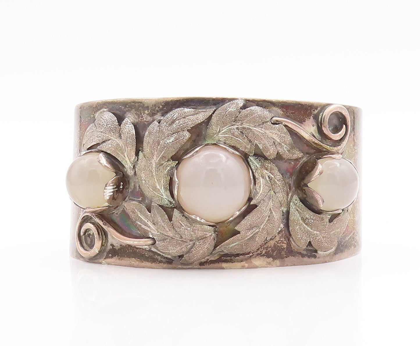 925 Sterling Silver Vintage Bracelet Cabochon Gemstone Floral Cuff  BT10701