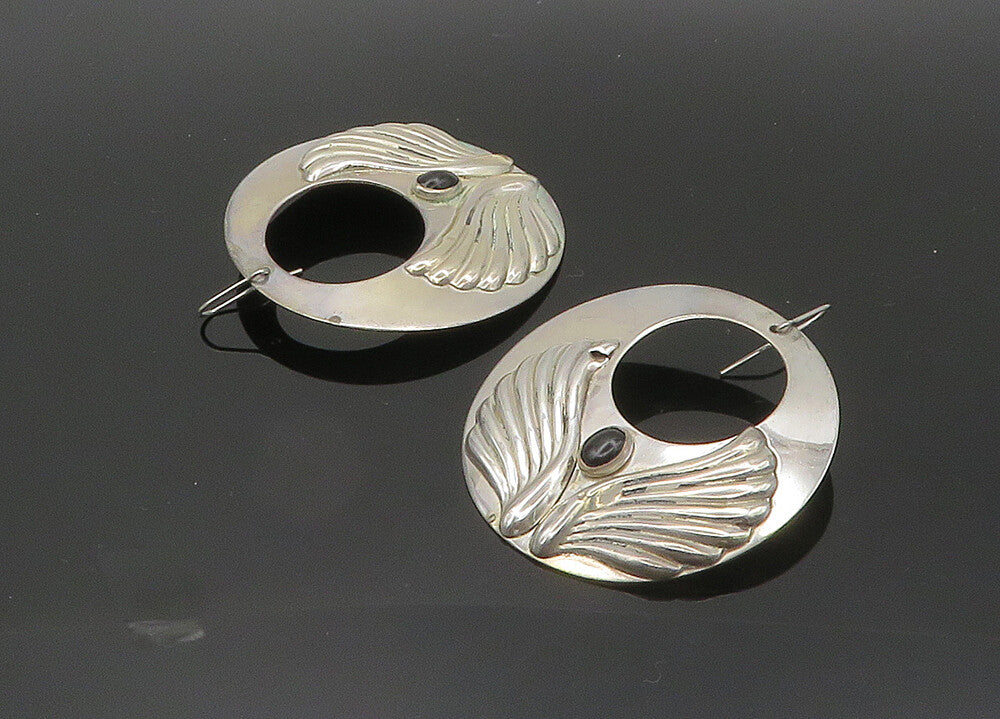 925 Silver  Vintage Black Onyx Angel Wings Round Heavy Drop Earrings  EG10008