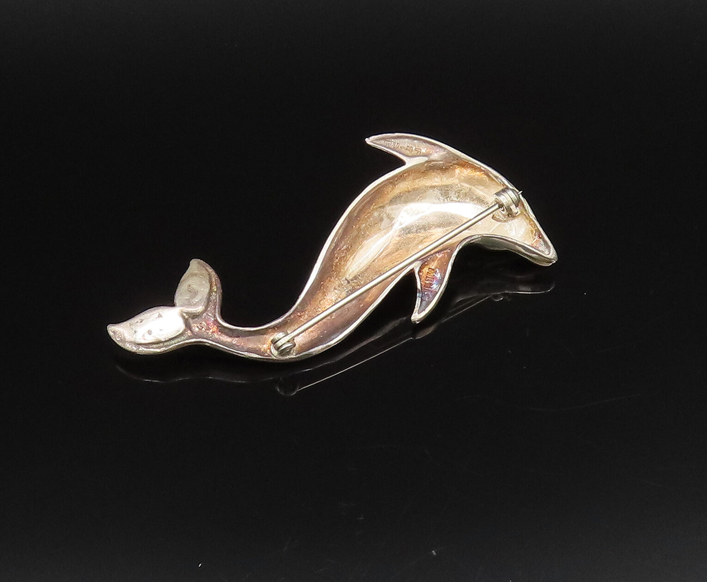 MEXICO 925 Silver  Vintage Carved Dolphin Sea Animal Brooch Pin  BP10035