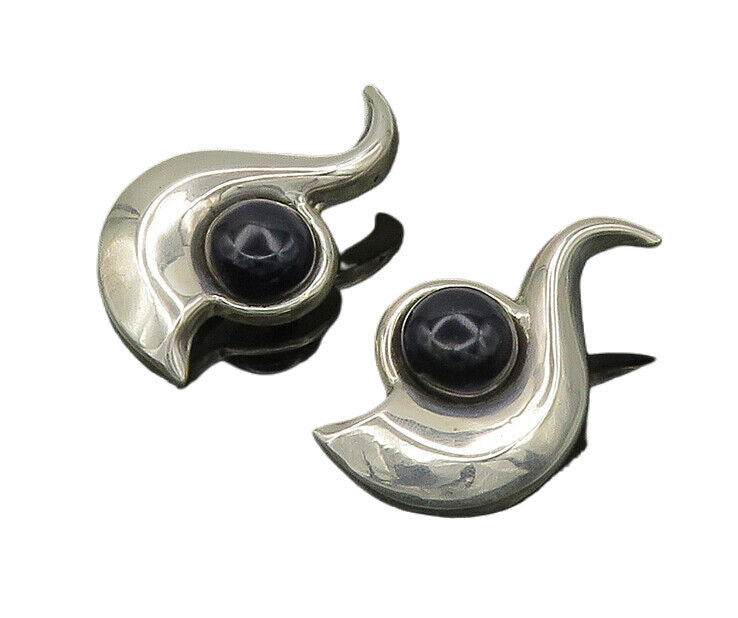 MEXICO 925 Silver  Vintage Black Onyx Shiny Non Pierce Earrings  EG10168