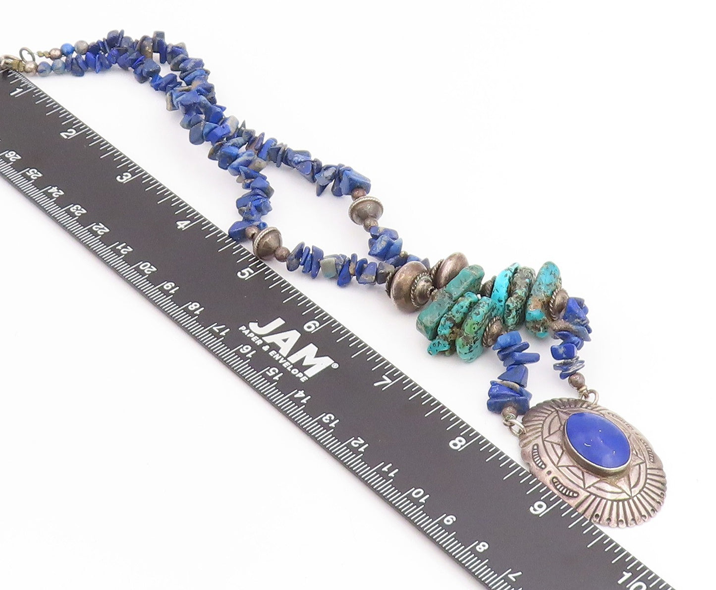 925 Sterling Silver Vintage Necklace SOUTHWESTERN Lapis Lazuli Bead Chain NE4786