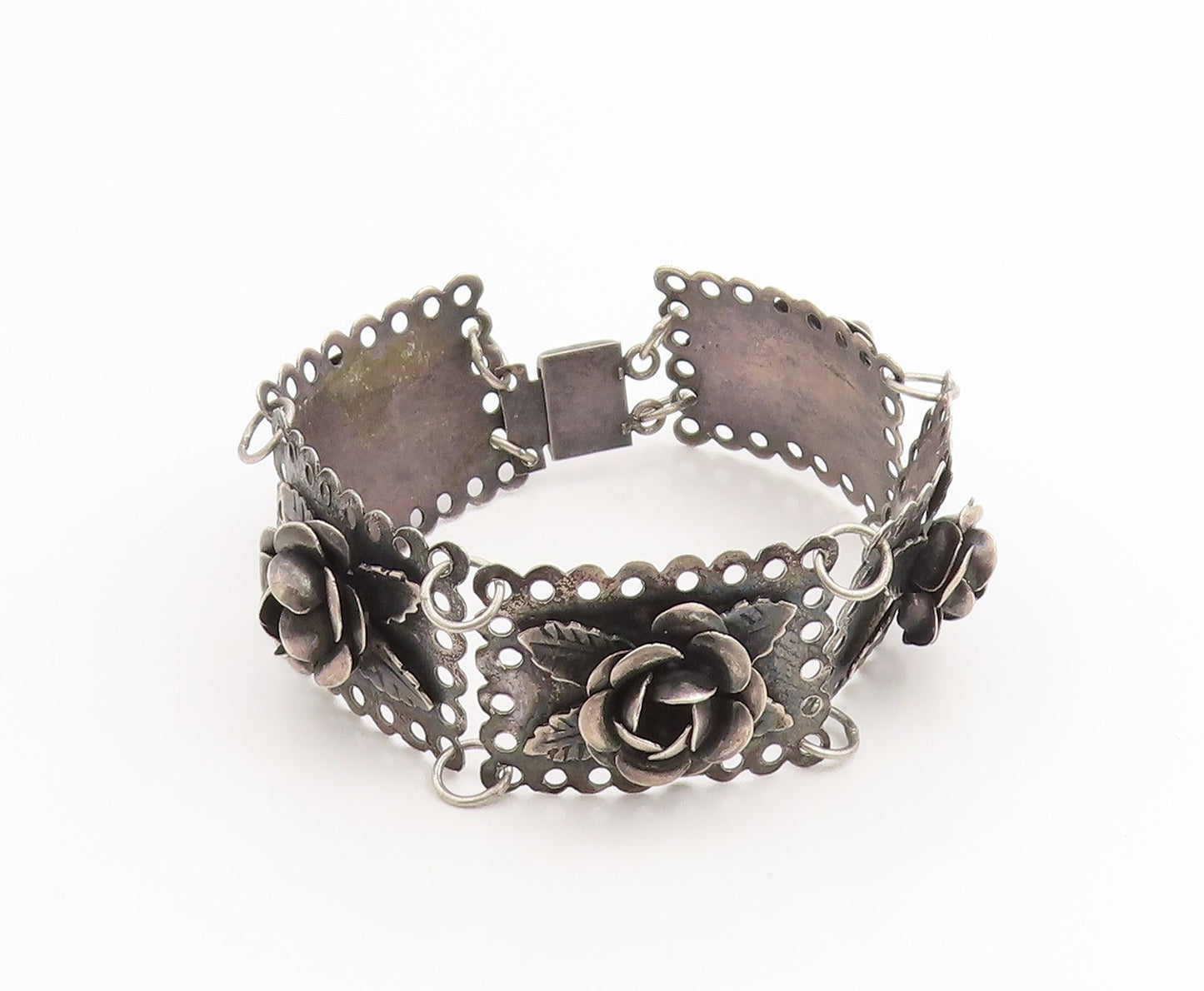 925 Sterling Silver Vintage Bracelet Dark Tone Floral Roses Link Chain  BT11429